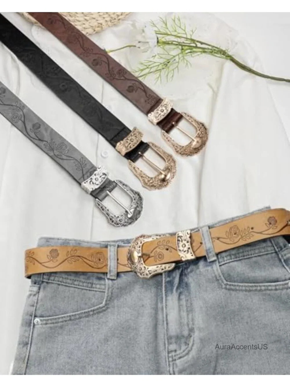 Western Cowgirl Belt for Women, PU Leather, Floral Embossed, Adjustable
